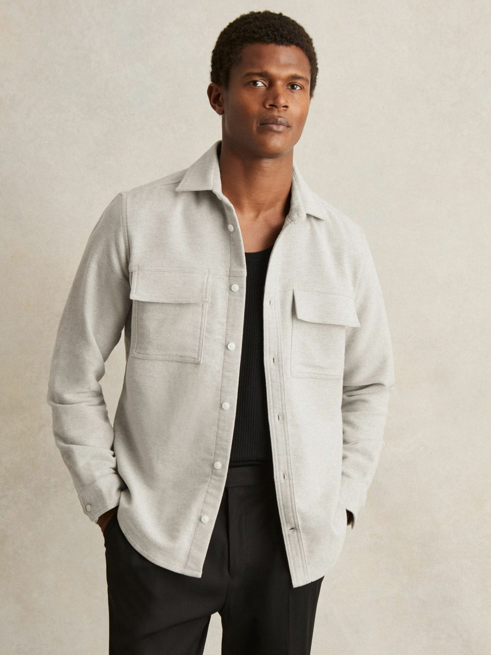 Moleskin-Cotton Twin-Pocket Overshirt Soft Grey Melange | Mens