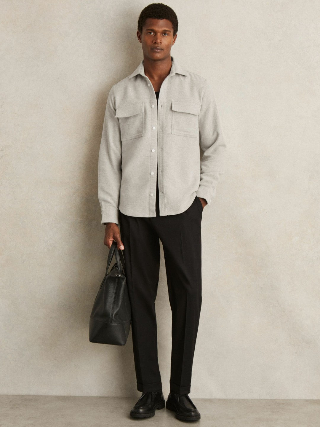 Moleskin-Cotton Twin-Pocket Overshirt Soft Grey Melange | Mens