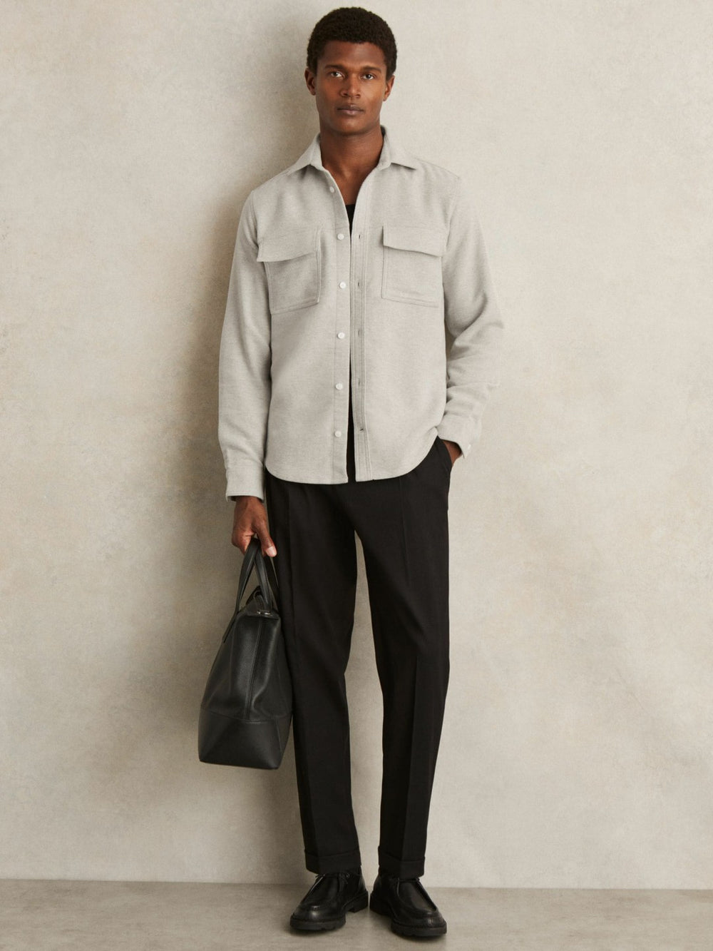 Moleskin-Cotton Twin-Pocket Overshirt Soft Grey Melange | Mens