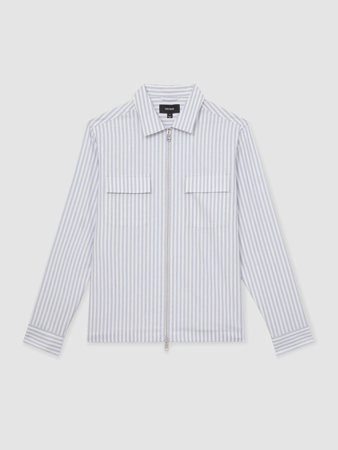 Cotton Stripe Zip-Through Shirt White/Soft Blue | Mens