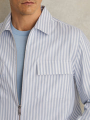 Cotton Stripe Zip-Through Shirt White/Soft Blue | Mens