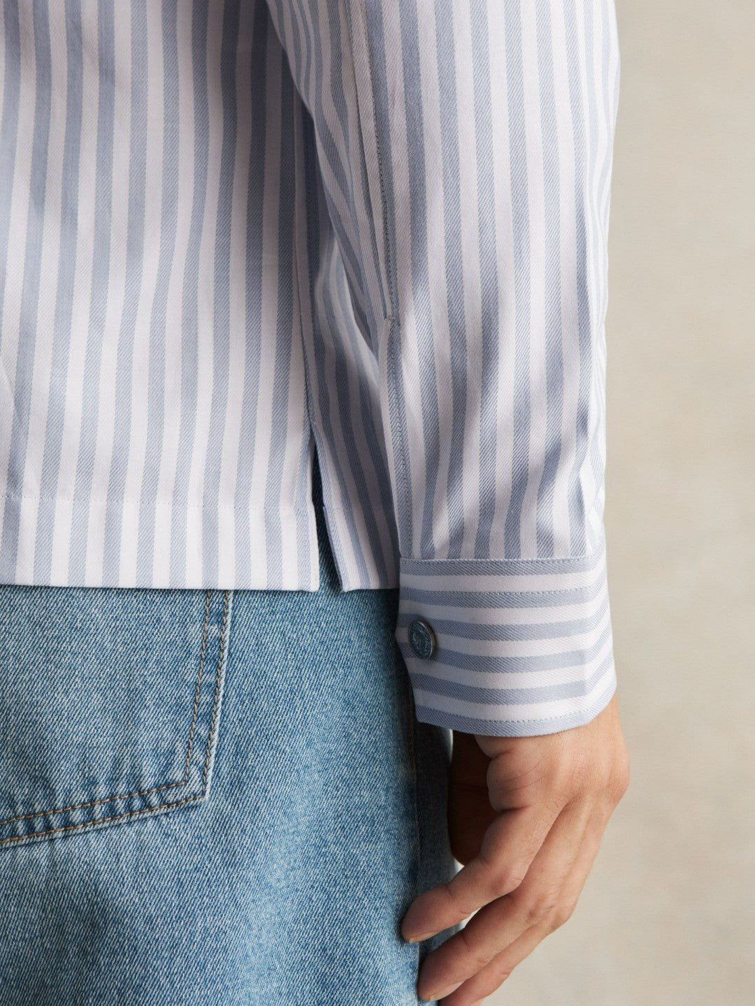 Cotton Stripe Zip-Through Shirt White/Soft Blue | Mens