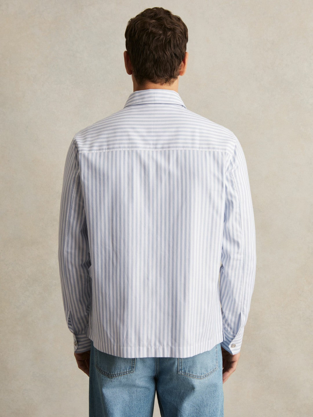 Cotton Stripe Zip-Through Shirt White/Soft Blue | Mens