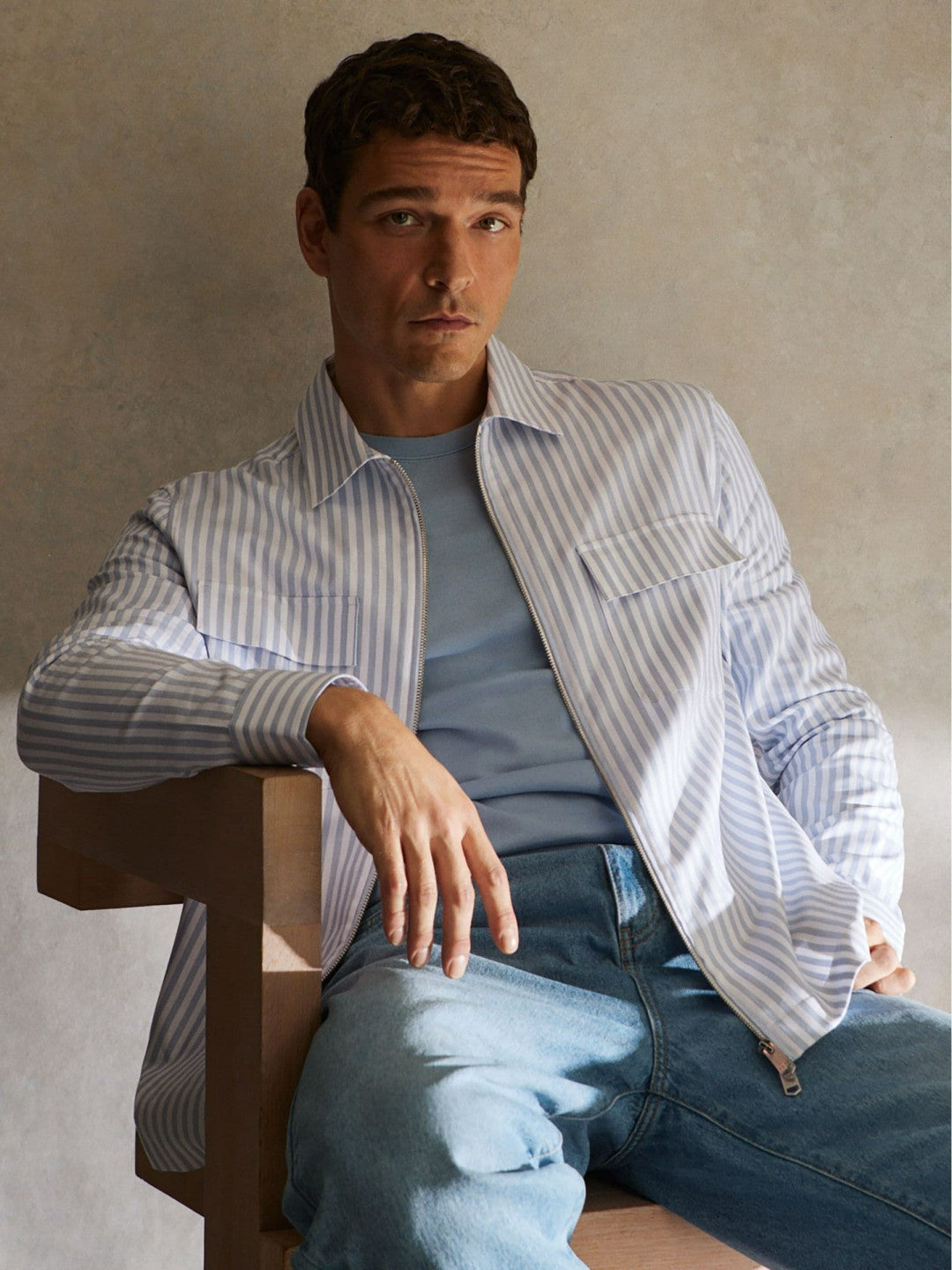 Cotton Stripe Zip-Through Shirt White/Soft Blue | Mens
