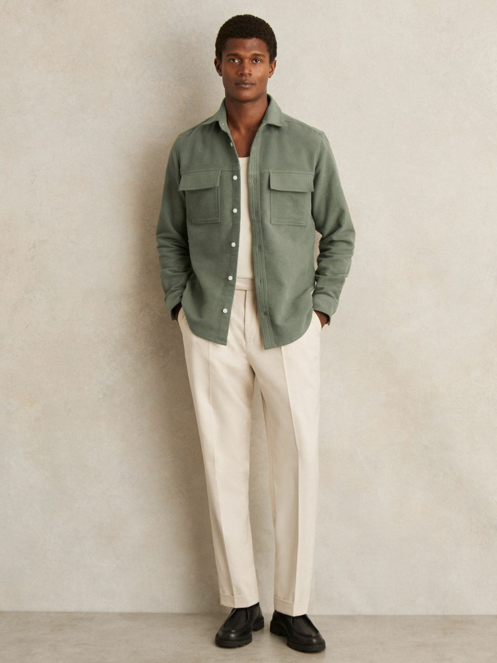 Moleskin-Cotton Twin-Pocket Overshirt Green | Mens
