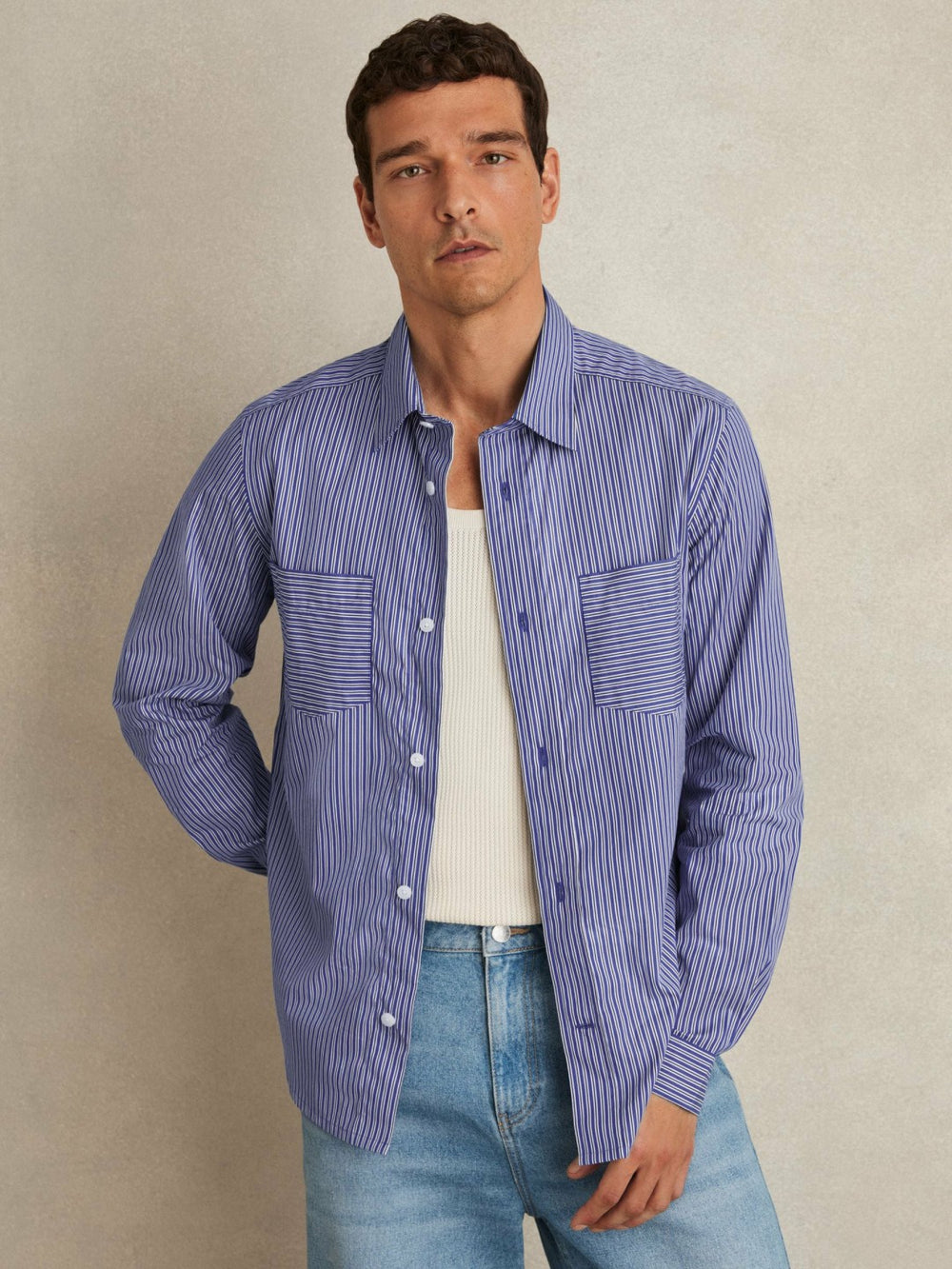 Cotton-Poplin Stripe Twin-Pocket Shirt Blue/White | Mens
