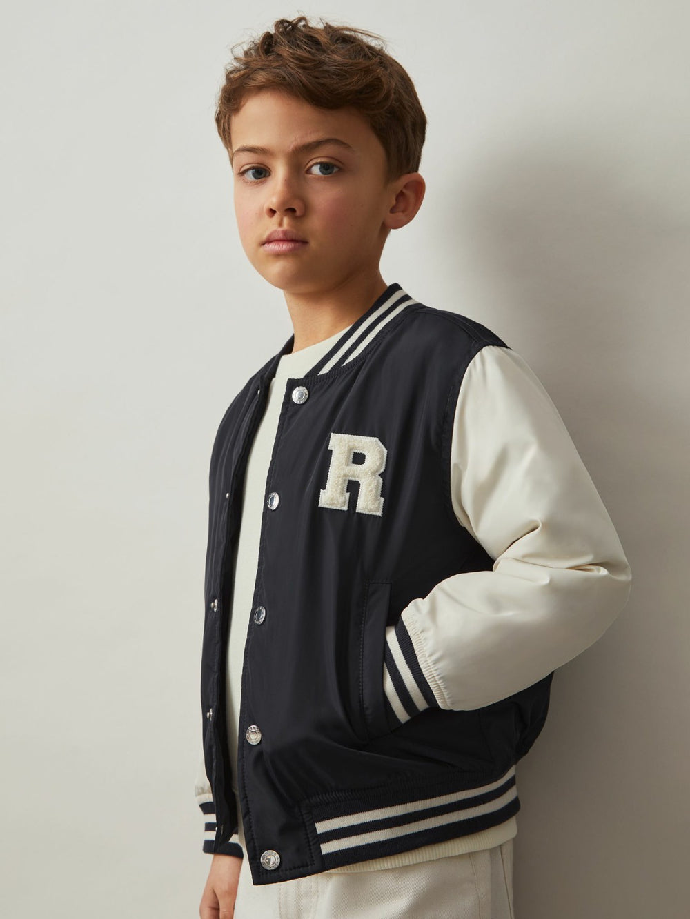 13-14 yrs Colour-Block Varsity Bomber Jacket Navy/ Off White | Children