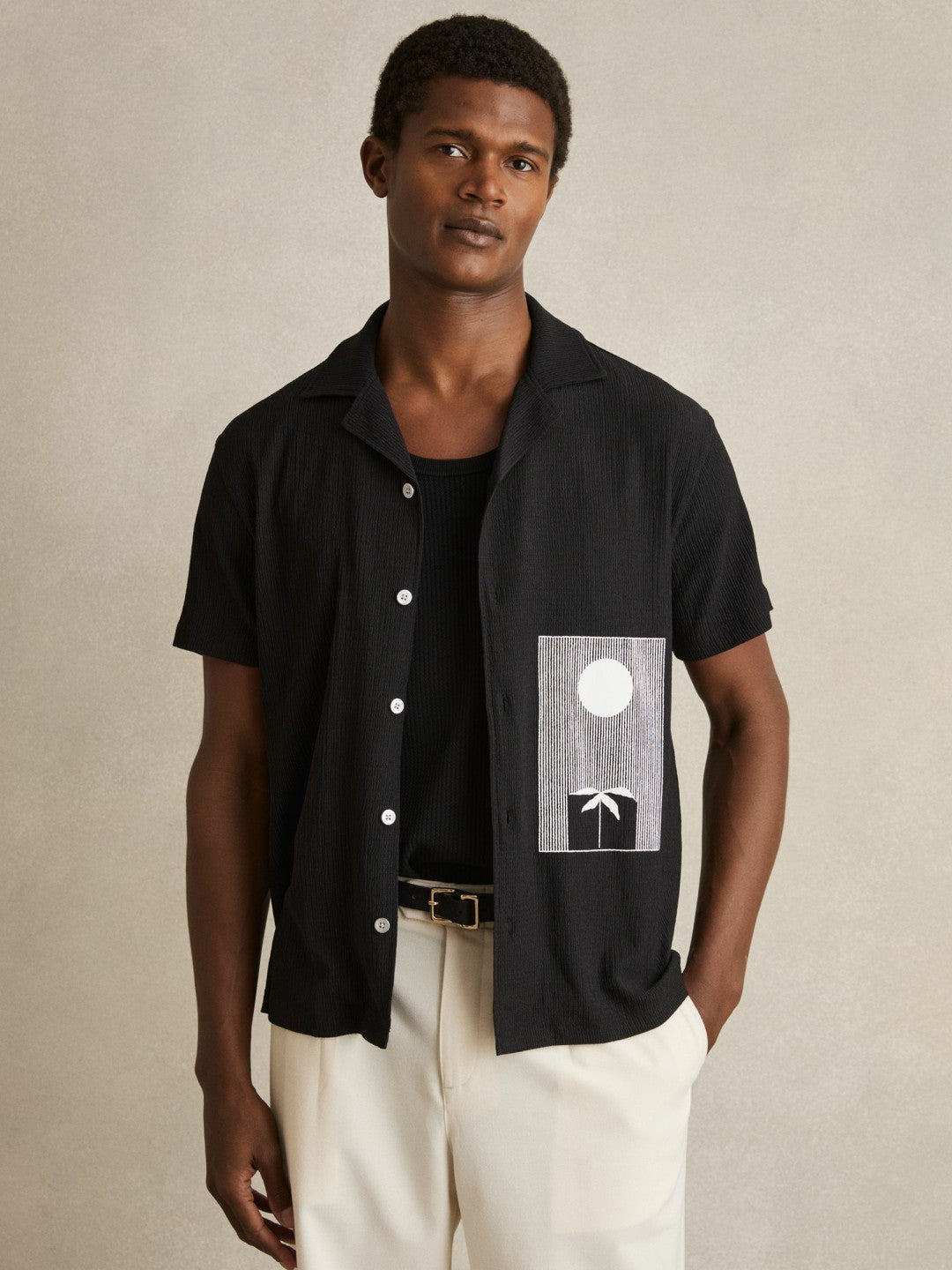 Graphic Print Cuban-Collar Shirt Black | Mens