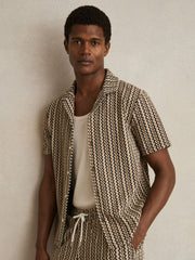 Zig-Zag Knit Cuban-Collar Shirt Tobacco Brown | Mens