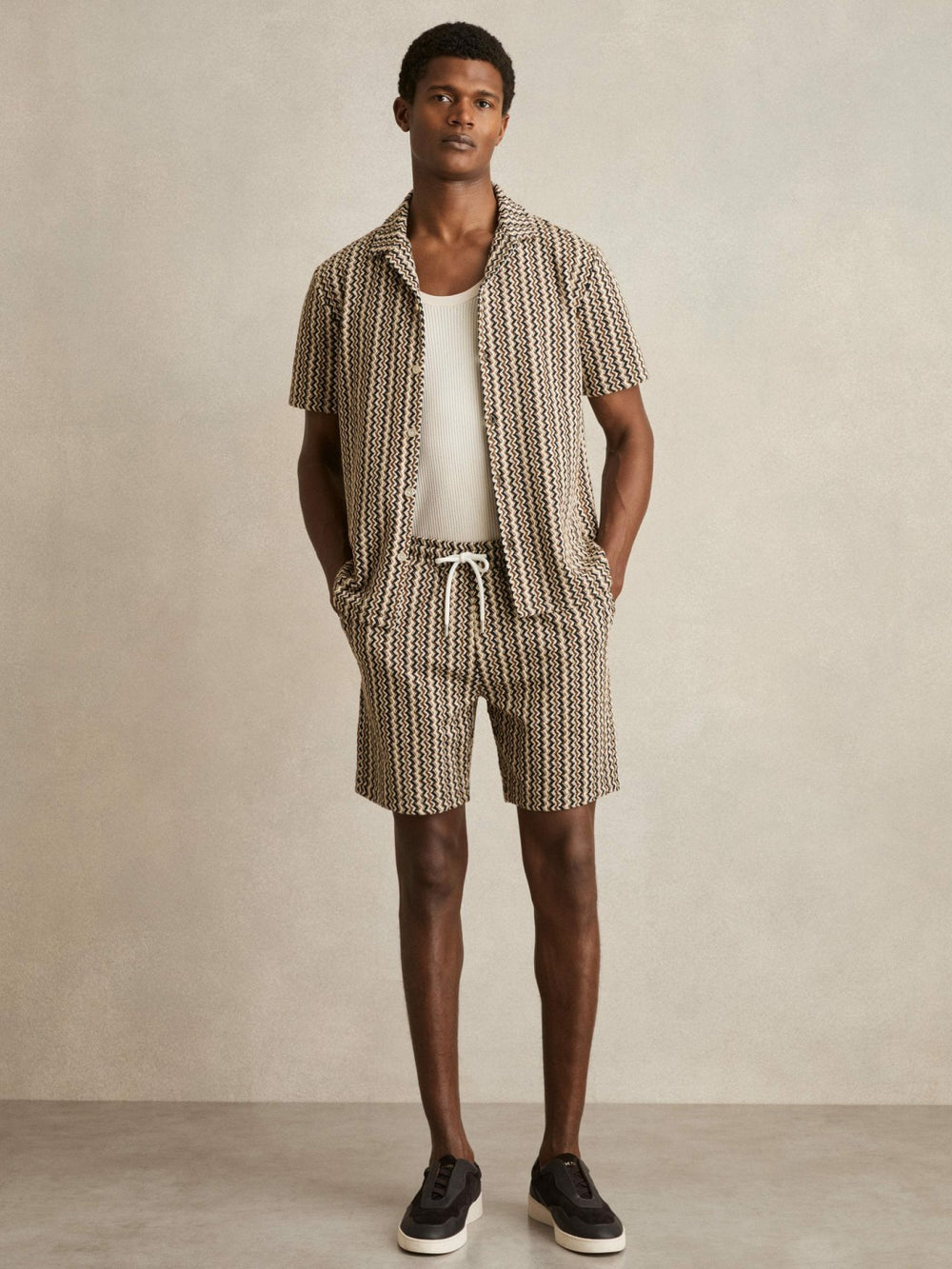 Zig-Zag Knit Cuban-Collar Shirt Tobacco Brown | Mens