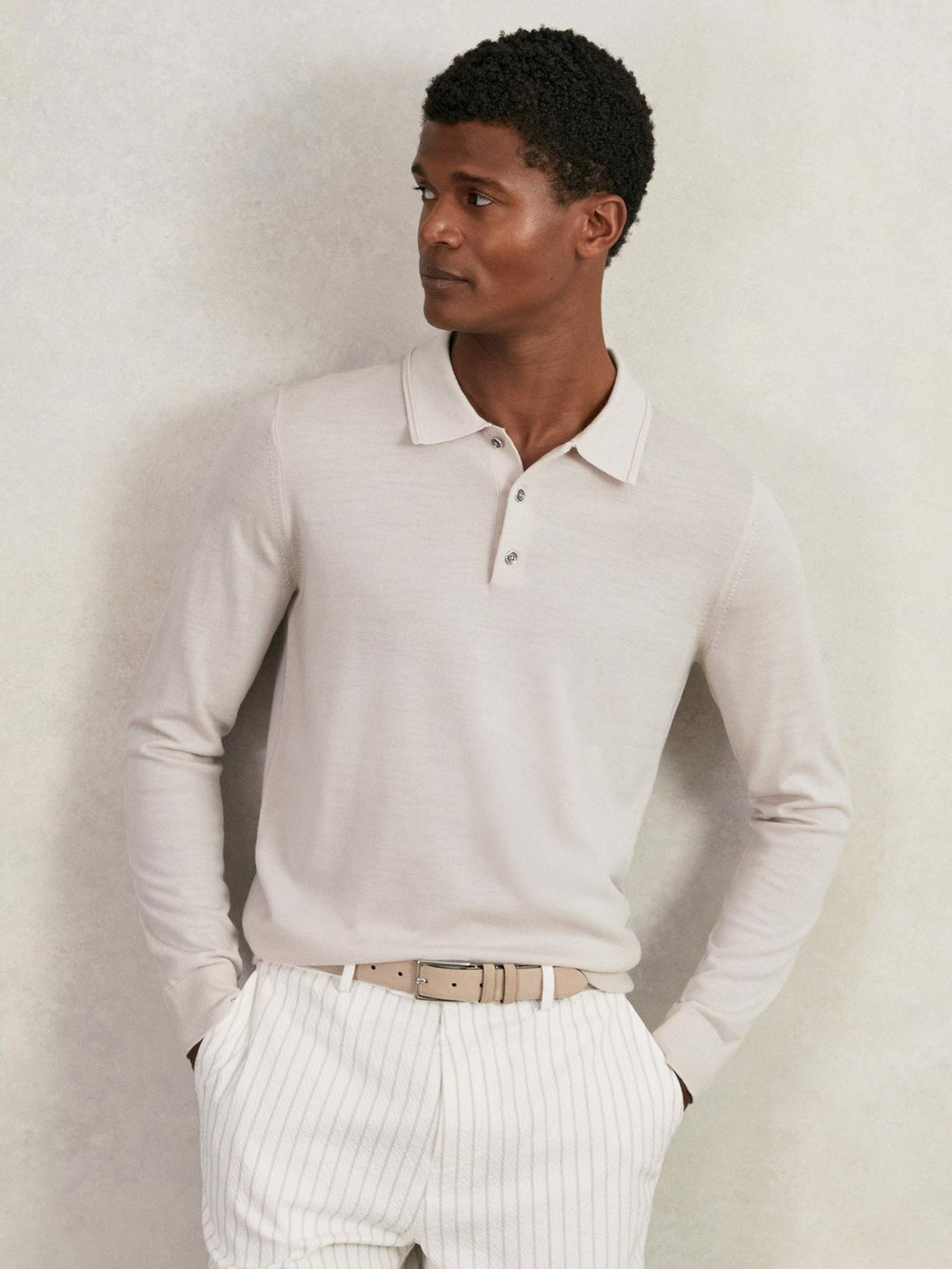 Merino Wool Long-Sleeve Polo Shirt Beige | Mens