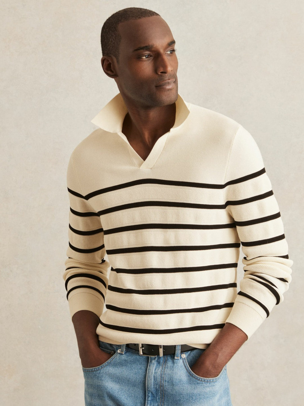 Cotton Blend Stripe Knit Polo Shirt Warm Stone/Black | Mens