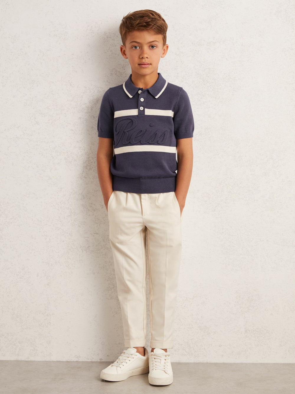 3-9 yrs Cotton Logo-Embossed Knit Polo Shirt Indigo Blue/White | Children