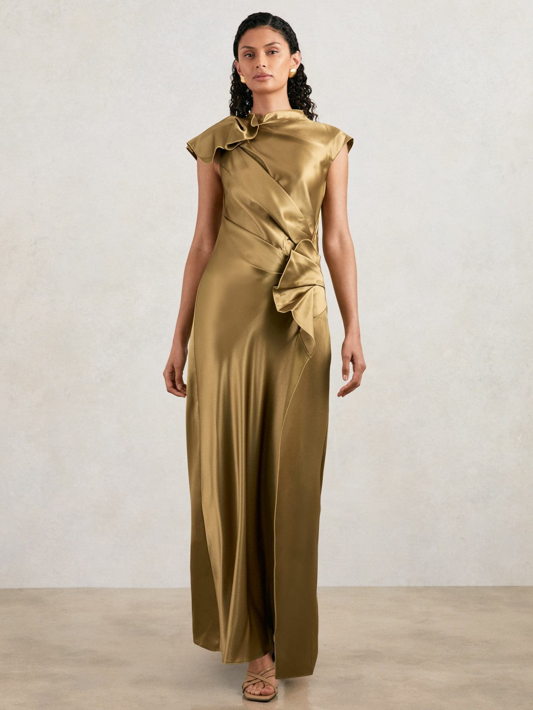 Acler Draped Satin Midi Dress Gold Moss | Womens