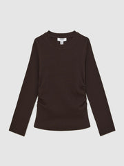 13-14 yrs Cotton Ruched Long-Sleeve T-Shirt with Stretch Chocolate | Children