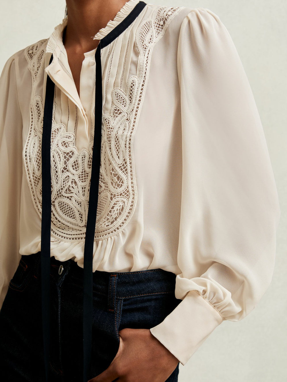 Lace-Embroidered Tie-Neck Shirt Cream | Womens
