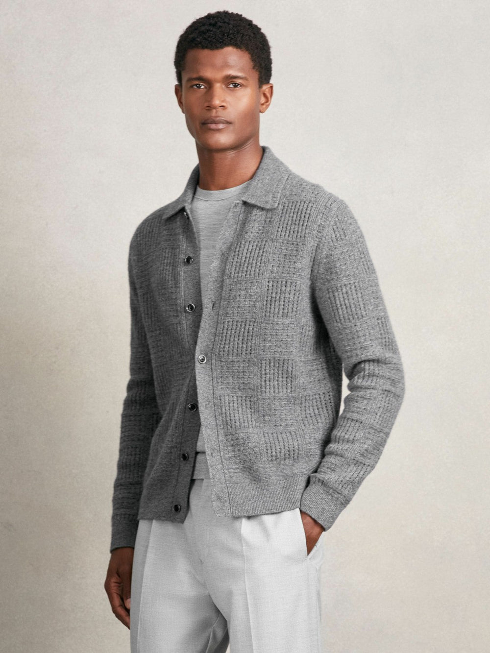Wool Button Through Pointelle Shirt Mid Grey | Mens
