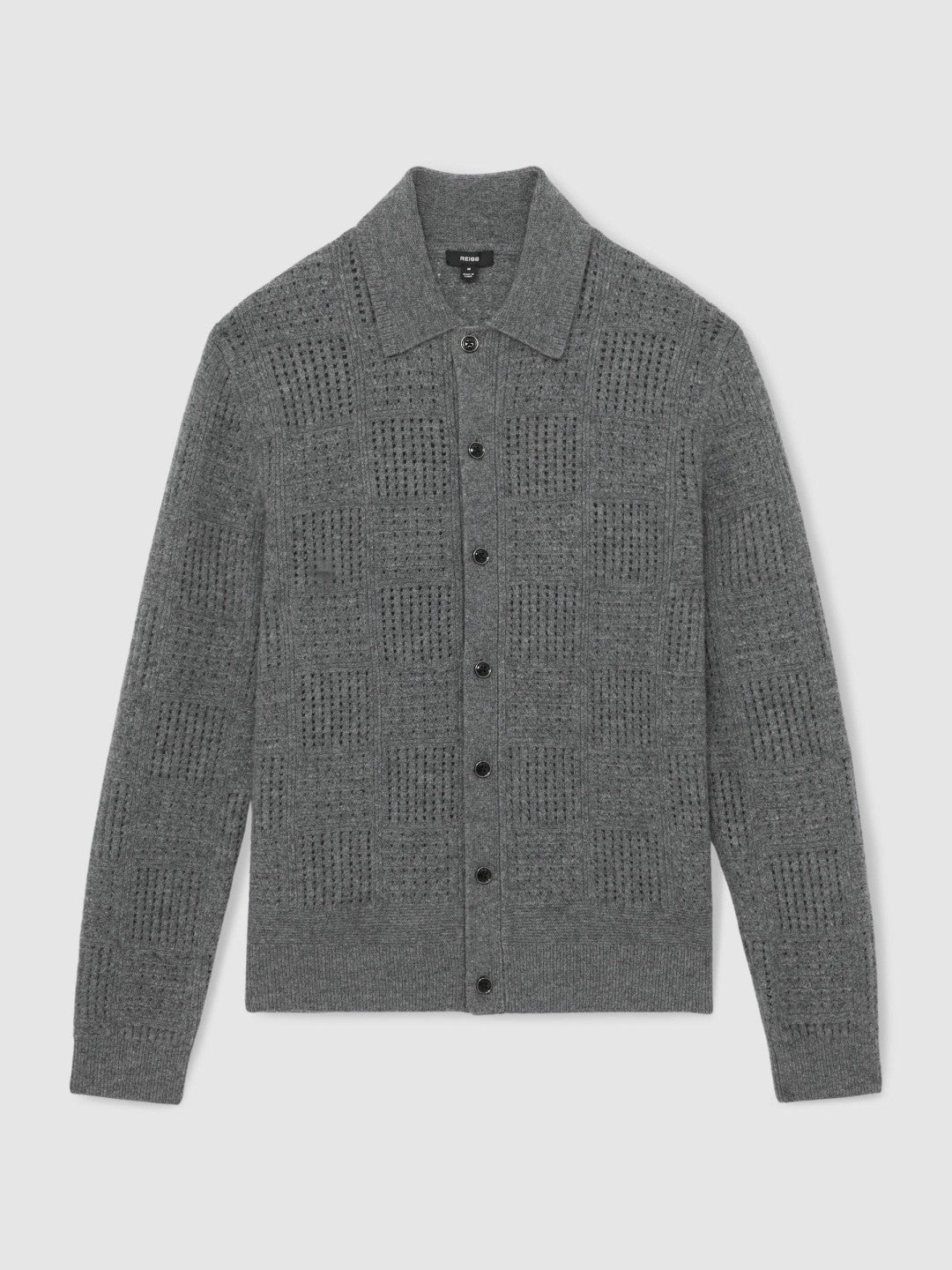 Wool Button Through Pointelle Shirt Mid Grey | Mens