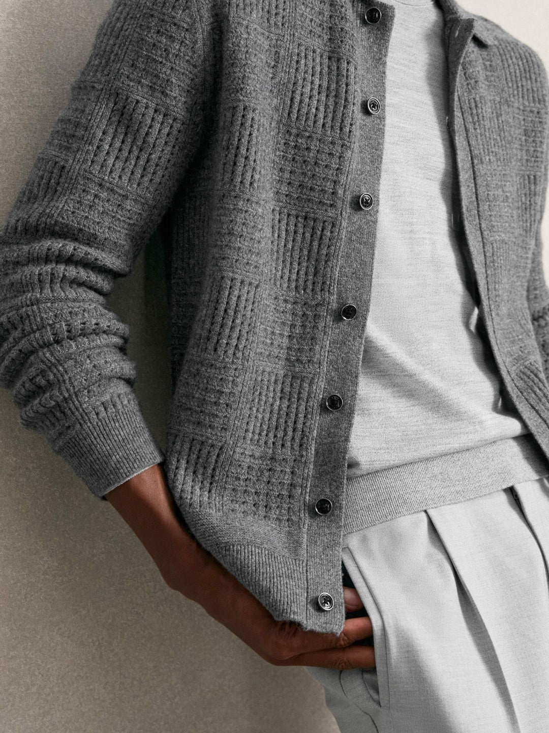 Wool Button Through Pointelle Shirt Mid Grey | Mens