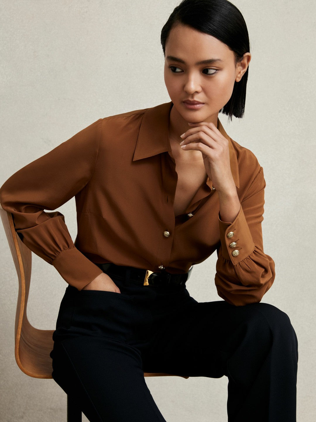 Silk Embossed-Button Shirt Tan Brown | Womens
