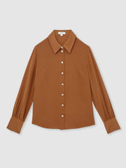 Silk Embossed-Button Shirt Tan Brown | Womens