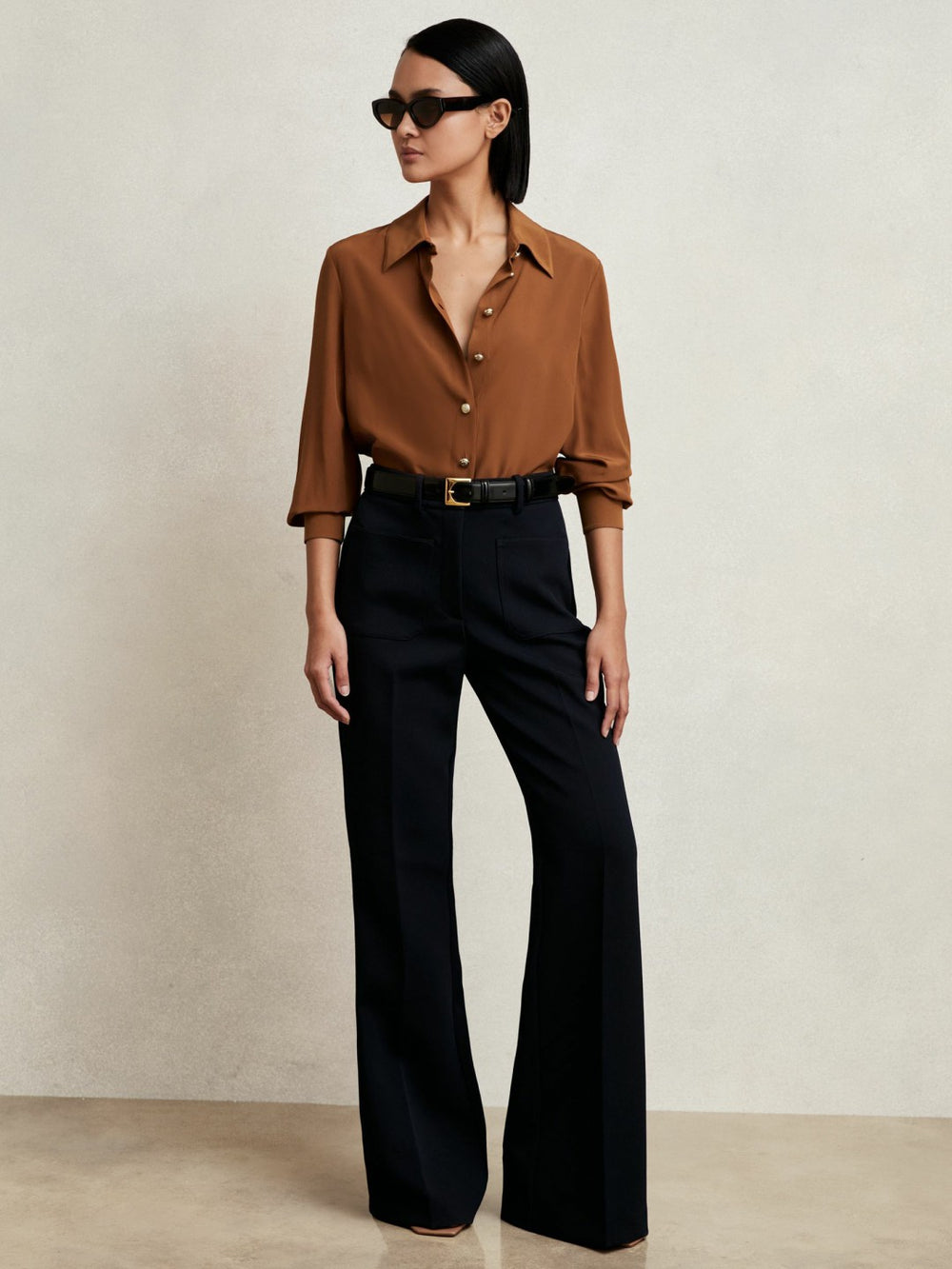 Silk Embossed-Button Shirt Tan Brown | Womens