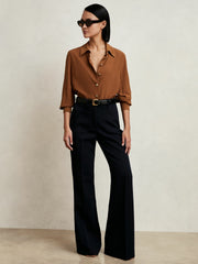 Silk Embossed-Button Shirt Tan Brown | Womens