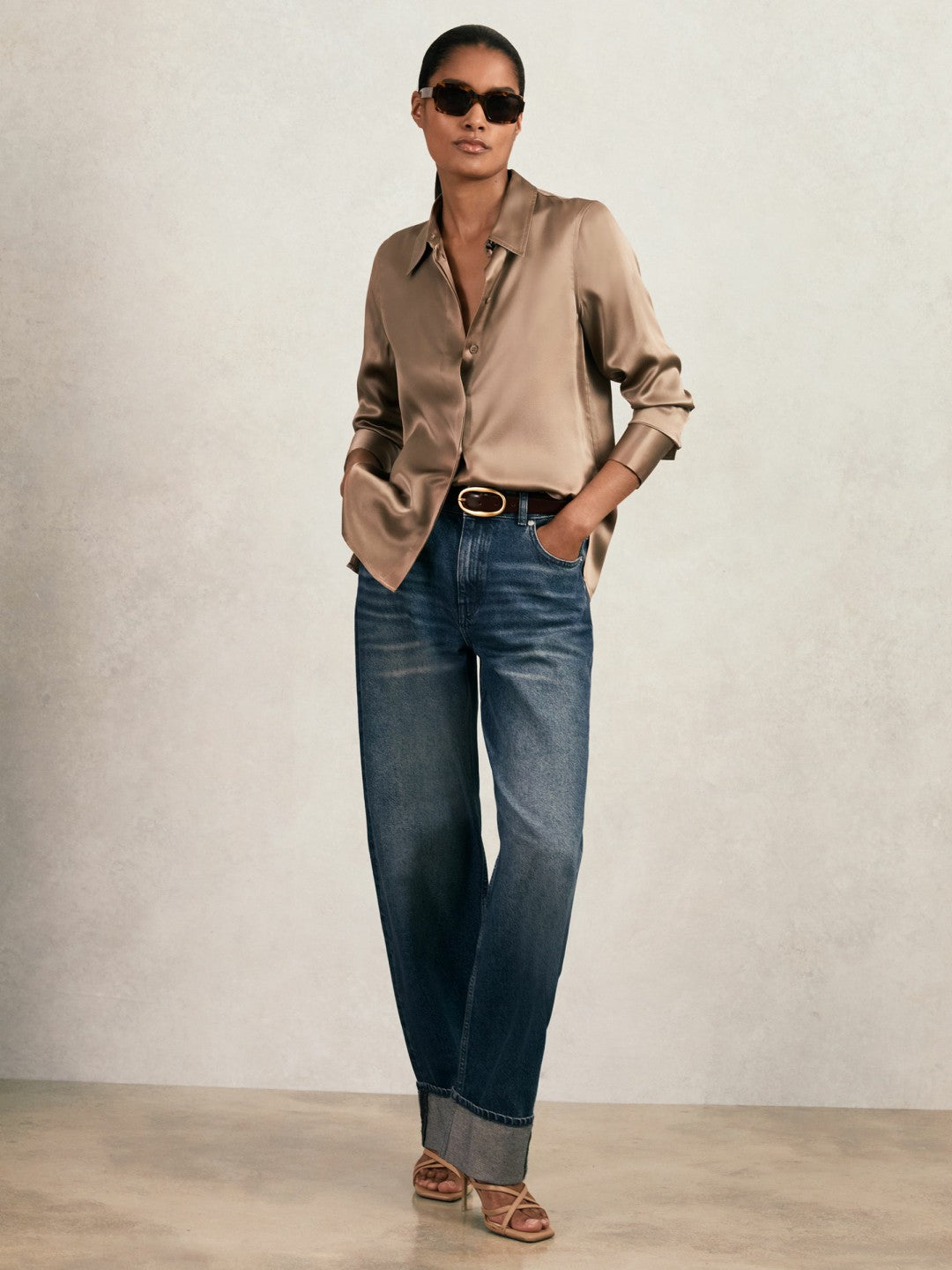 Silk-Satin Concealed-Placket Shirt Taupe Brown | Womens