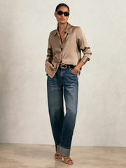 Silk-Satin Concealed-Placket Shirt Taupe Brown | Womens