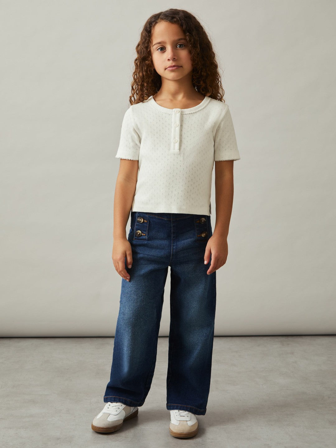 3-9 yrs Cotton Pointelle Button T-Shirt Ivory | Children
