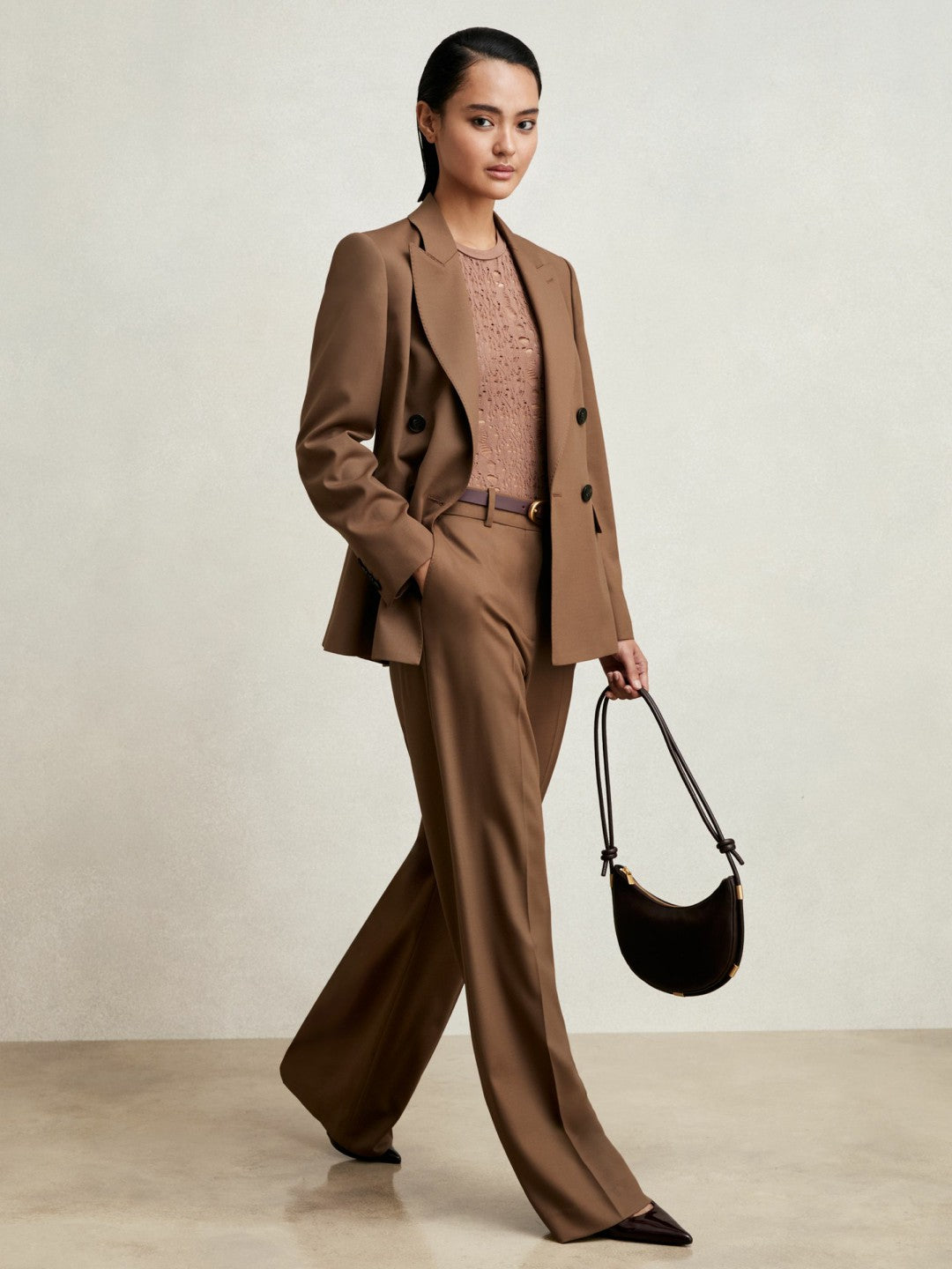 Petite Wool-Blend Double-Breasted Suit Blazer Tan | Womens