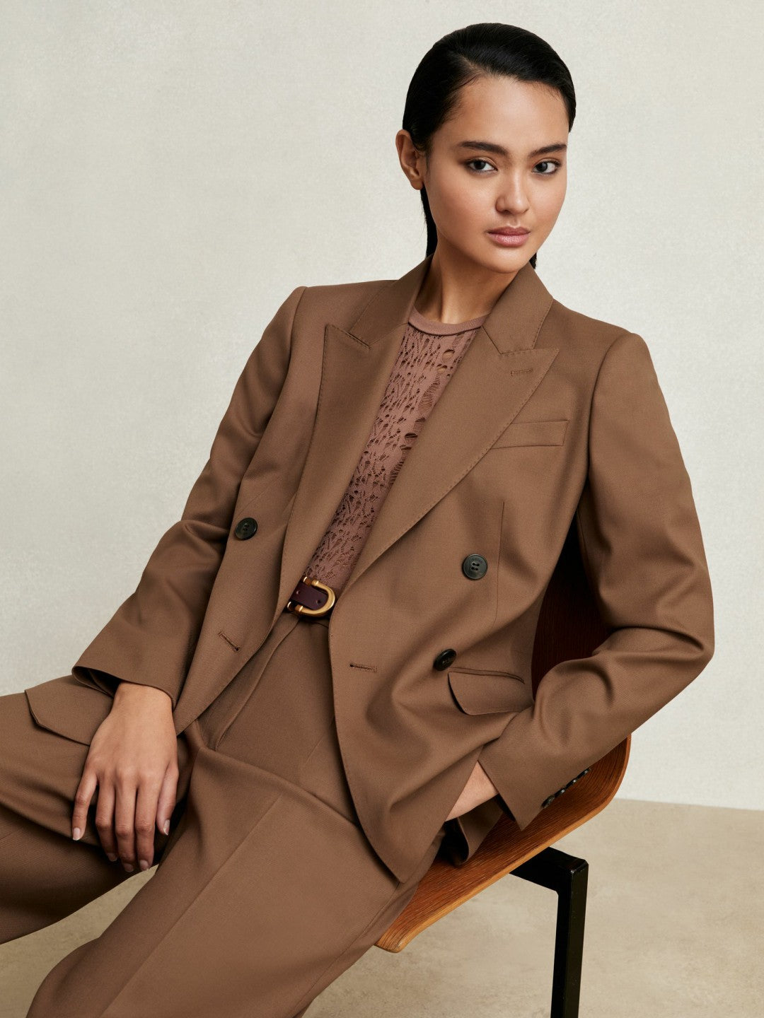 Petite Wool-Blend Double-Breasted Suit Blazer Tan | Womens