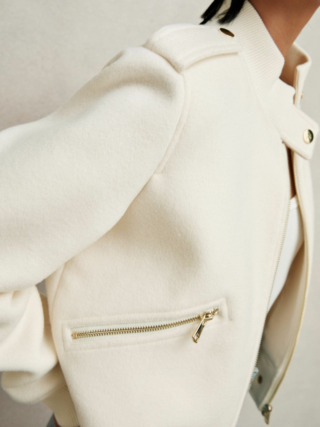 Brushed Wool Epaulette Bomber Jacket Cream | Womens
