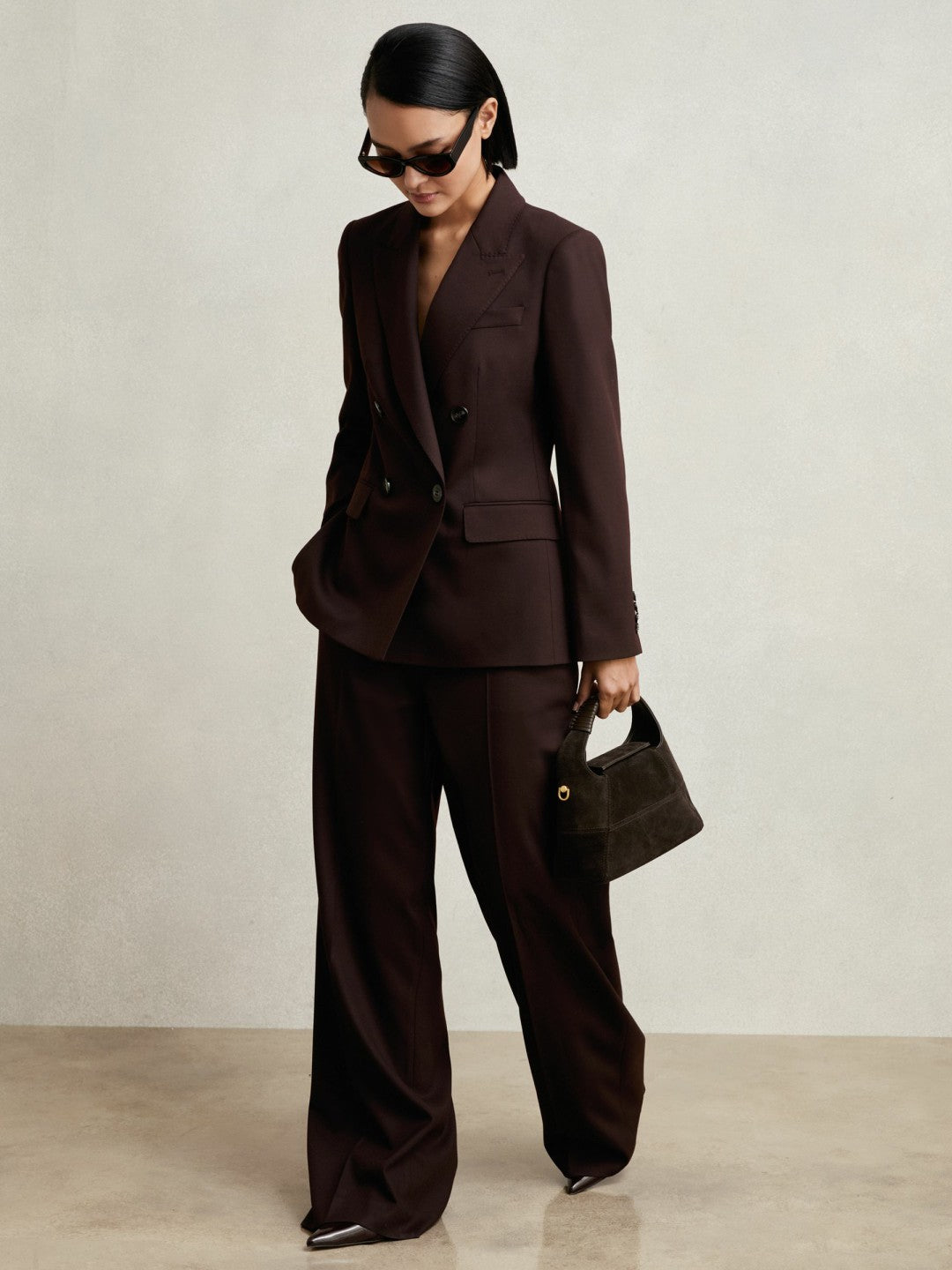 Wool-Blend Double-Breasted Suit Blazer Aubergine | Womens