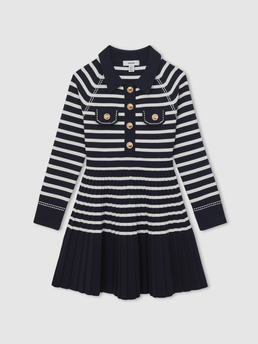 13-14 yrs Button-Detail Stripe Knitted Dress Navy/White | Children