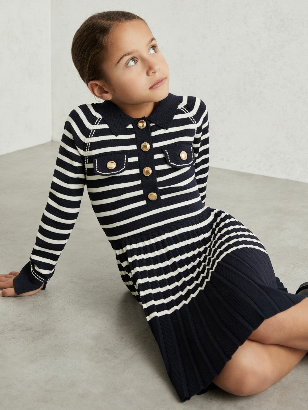 13-14 yrs Button-Detail Stripe Knitted Dress Navy/White | Children