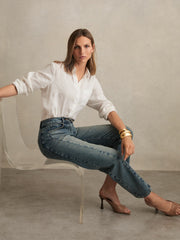 Petite Barrel-Leg Seam Jeans Mid Blue | Womens
