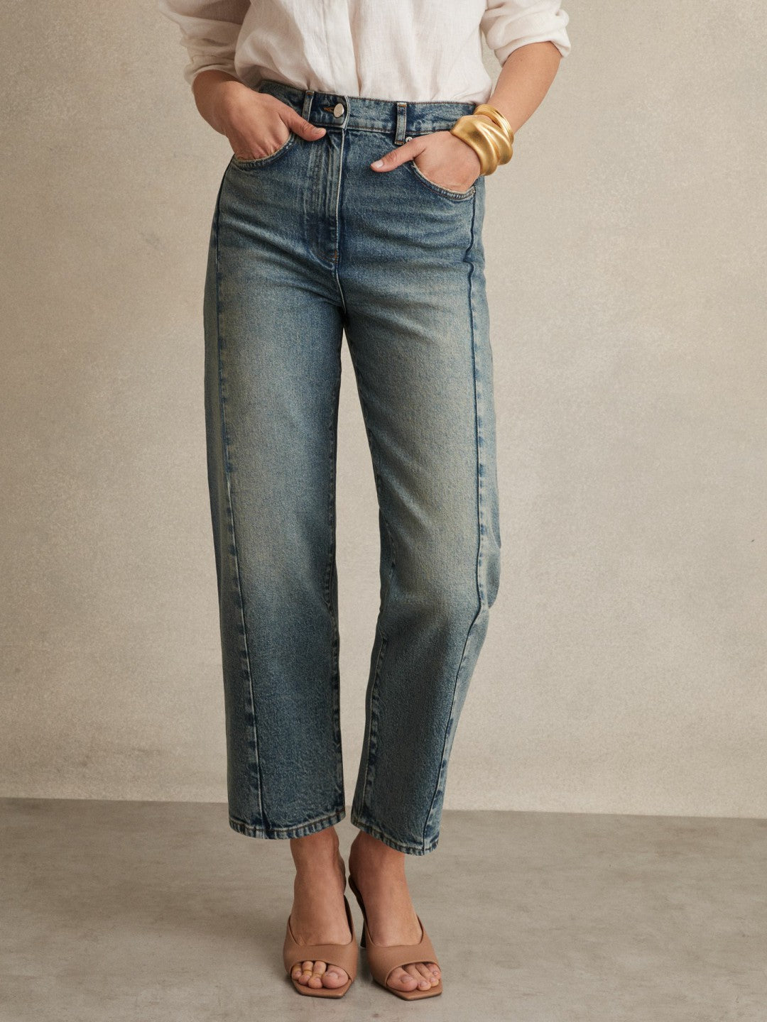 Petite Barrel-Leg Seam Jeans Mid Blue | Womens