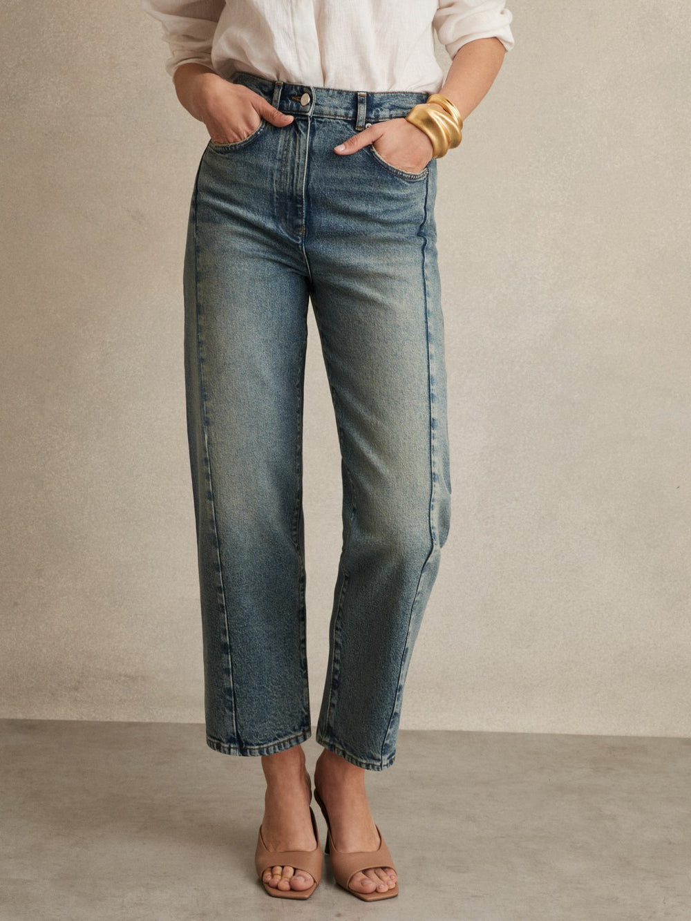 Petite Barrel-Leg Seam Jeans Mid Blue | Womens