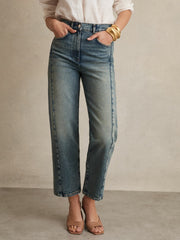Petite Barrel-Leg Seam Jeans Mid Blue | Womens