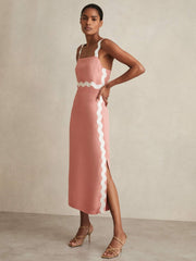 Wave-Trim Crepe Midi Dress Pink | Womens