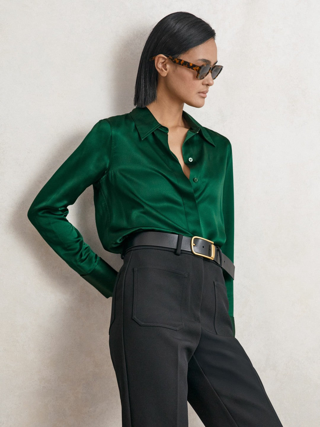 Silk-Satin Concealed-Placket Shirt Green | Womens