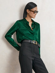 Silk-Satin Concealed-Placket Shirt Green | Womens