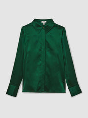 Silk-Satin Concealed-Placket Shirt Green | Womens