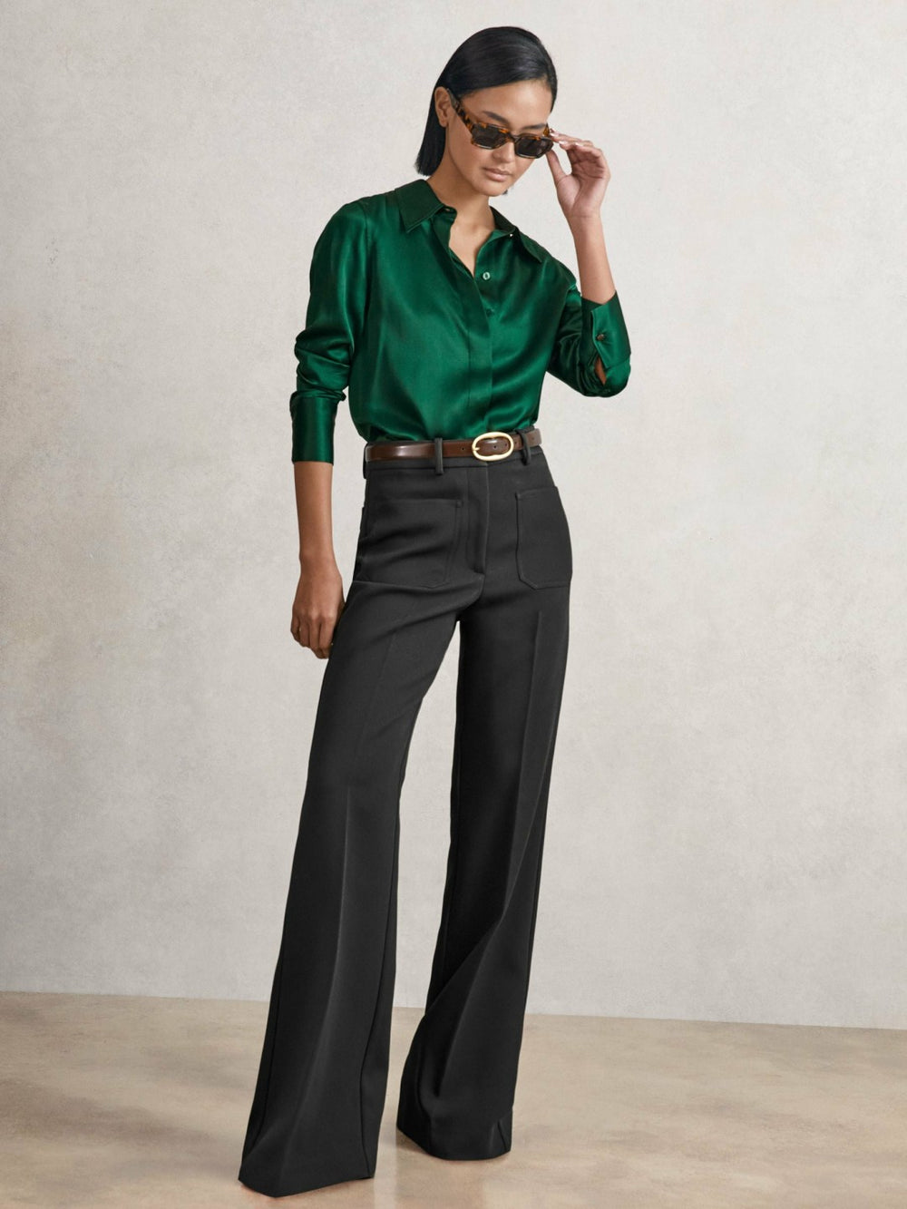 Silk-Satin Concealed-Placket Shirt Green | Womens