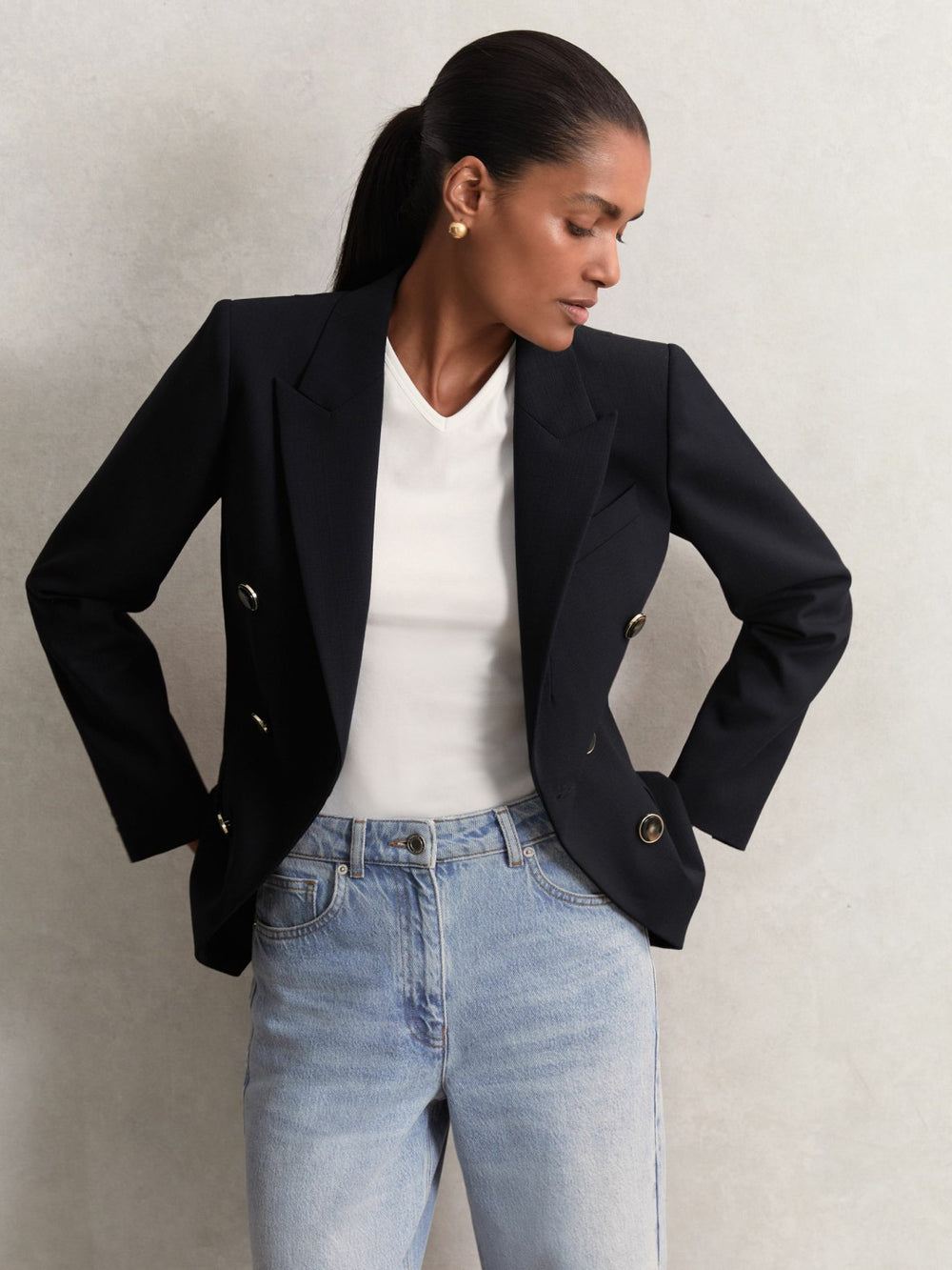 Petite Wool-Blend Double-Breasted Blazer Navy | Womens