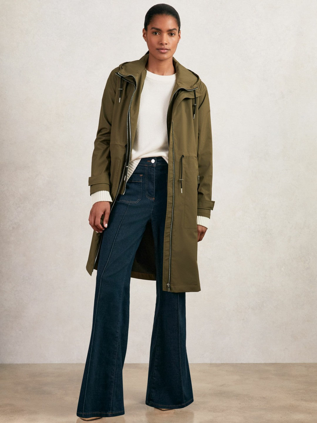 Petite Removable-Hood Parka Rain Coat Khaki | Womens