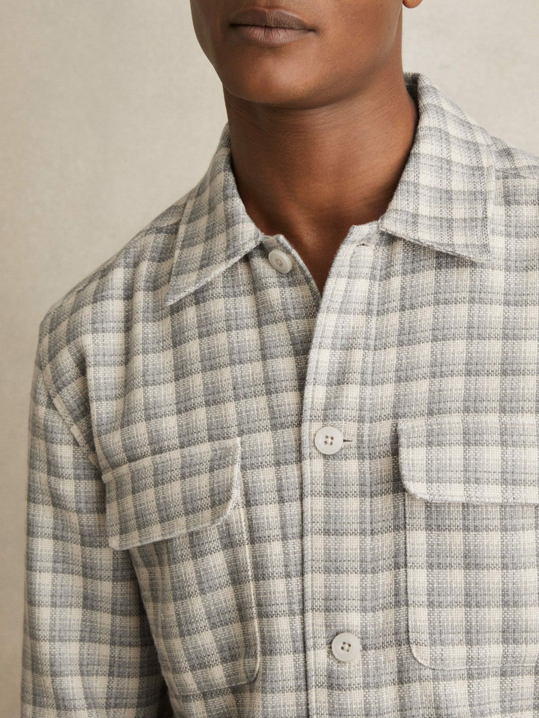 Woven Check Twin Pocket Overshirt Light Grey | Mens