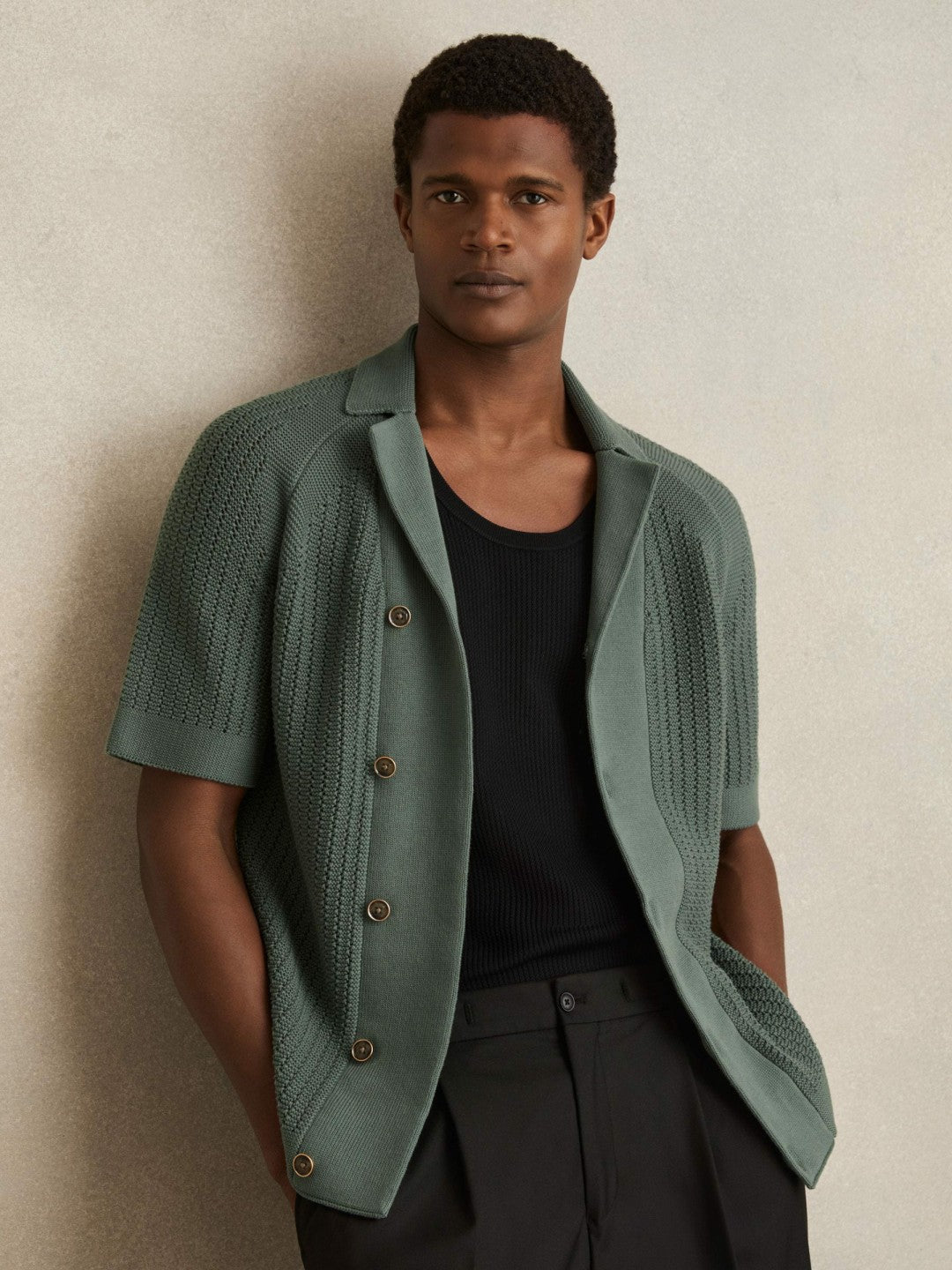 Cotton Textured-Knit Cuban-Collar Shirt Pine Green | Mens