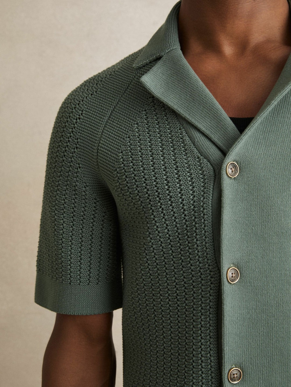 Cotton Textured-Knit Cuban-Collar Shirt Pine Green | Mens
